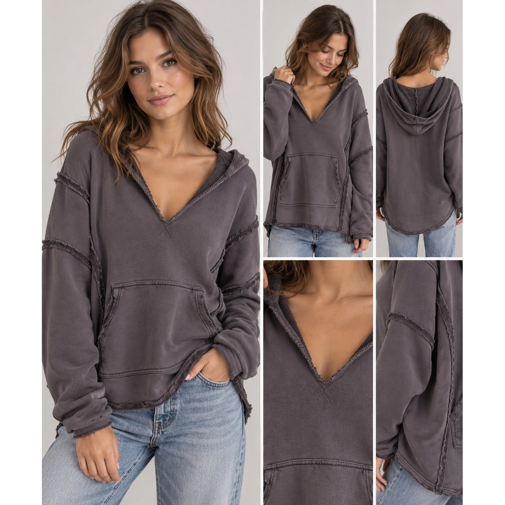 Boho Grunge Raw Edge Distressed V Neck Hoodie Natural Life Chocolate Brown XL